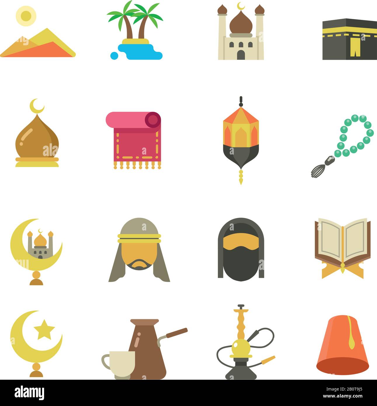 Icone vettoriali per la cultura musulmana araba. Arabian ramadan kareem Eid Mubarak Holiday design. Colore arabo icone musulmane, illustrazione di arabo orientale Illustrazione Vettoriale
