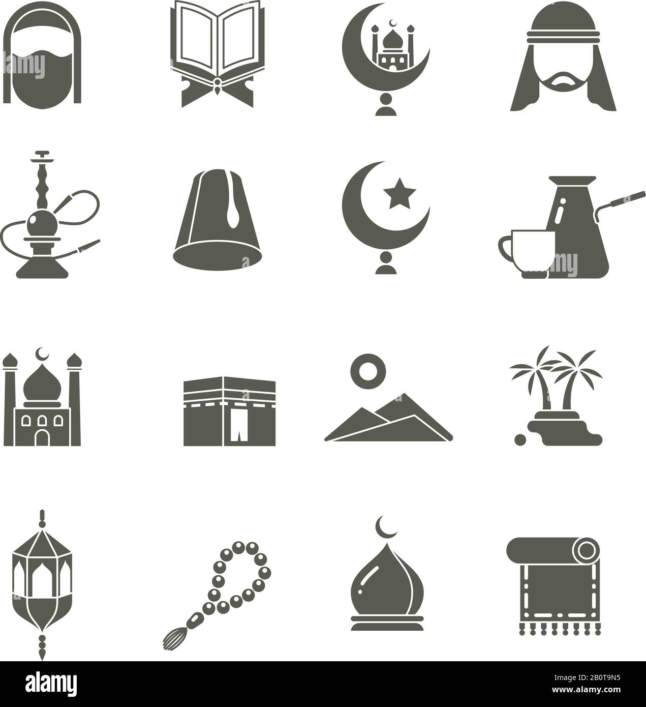 Musulmani islamici medio-est religione icone vettore. Pittogrammi Ramadan kareem. Religioso tradizionale orientale, illustrazione della tradizione religione araba Illustrazione Vettoriale