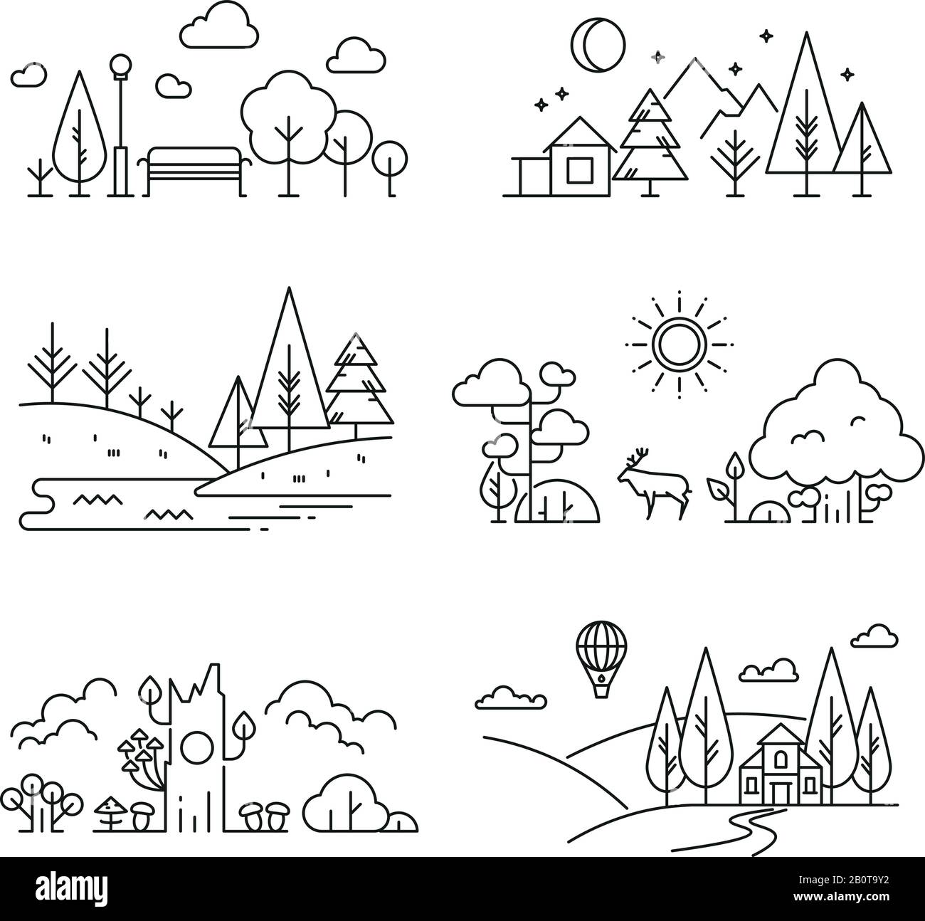 Natura paesaggio icone di contorno con albero, piante, montagne, fiume. Paesaggio fluviale e montano, illustrazione di un paesaggio naturale lineare Illustrazione Vettoriale