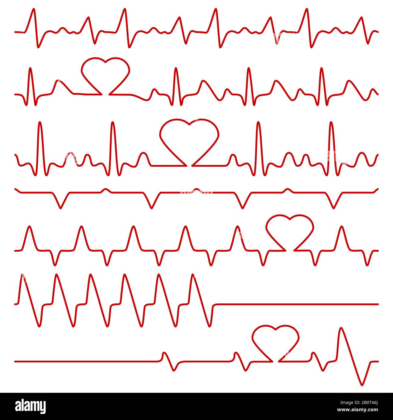 Simboli del cardiogramma e del vettore del polso con forma cardiaca. Cardiogramma medico, illustrazione del cardiogramma a frequenza di linea rossa Illustrazione Vettoriale