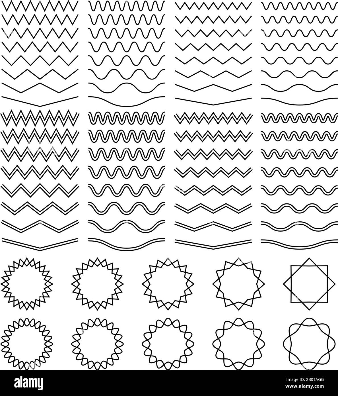 Onde curvilinee e linee a righe a zig-zag e set di vettori con frame frastagliati rotondi. Illustrazione della linea d'onda e dell'elemento delle linee a zig-zag Illustrazione Vettoriale