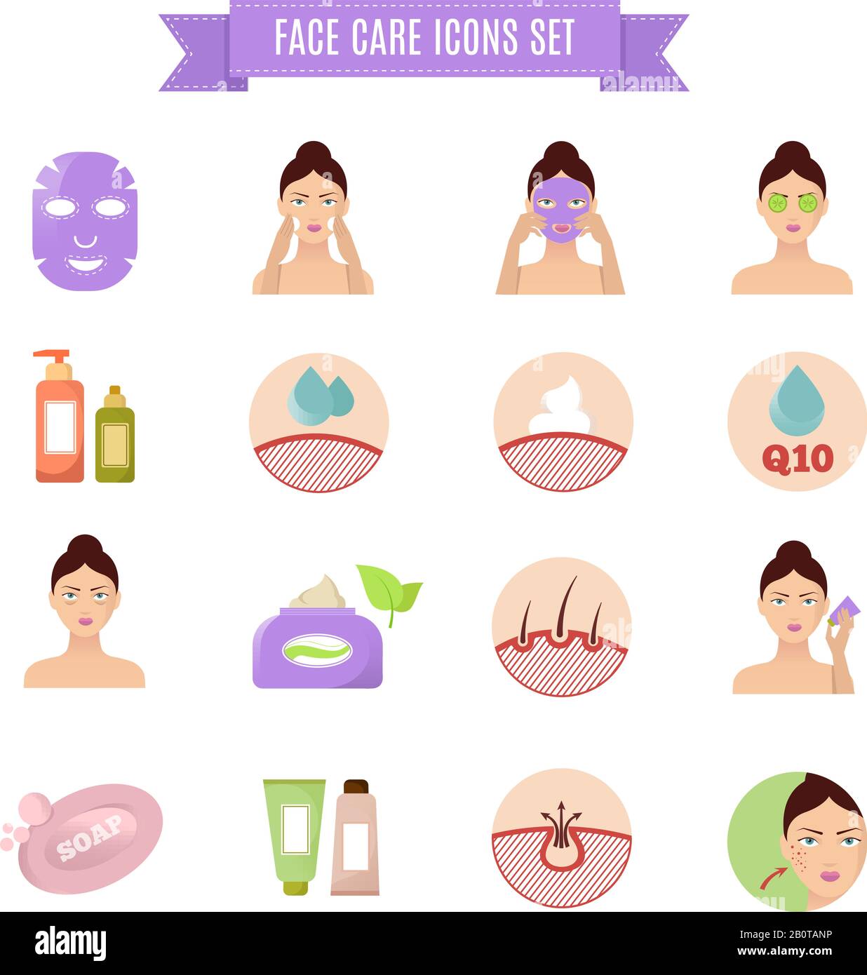 Icone piatte per la salute della pelle e del vettore di cura. Icone spa bellezza, illustrazione della pelle spa metodo naturale Illustrazione Vettoriale