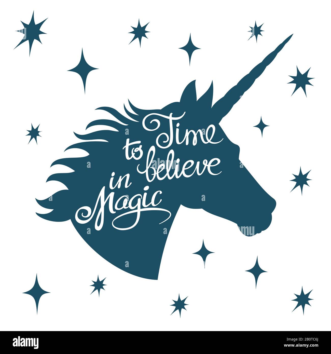Silhouette unicorno ispirante con frase positiva scritta Magic Vector Concept. Silhouette unicorno con testo ispirato Illustrazione Vettoriale