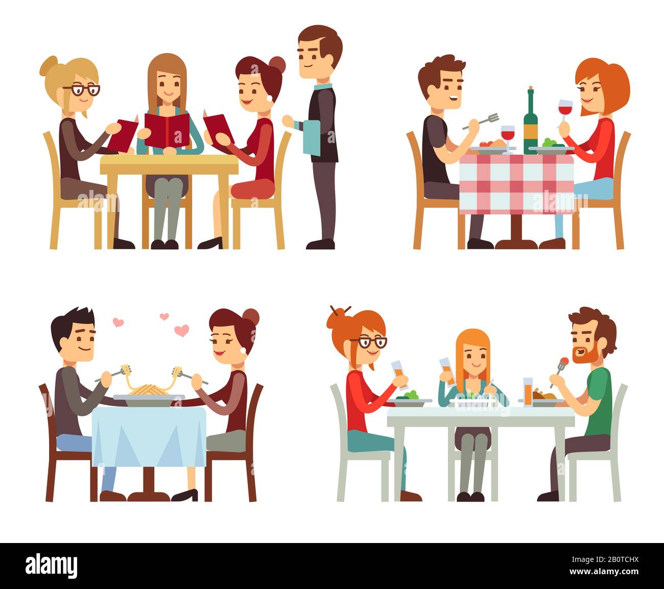 Le persone nel ristorante che mangiano i concetti di piatto vettoriale della cena. Famiglia nel ristorante, illustrazione della data romantica nel ristorante Illustrazione Vettoriale