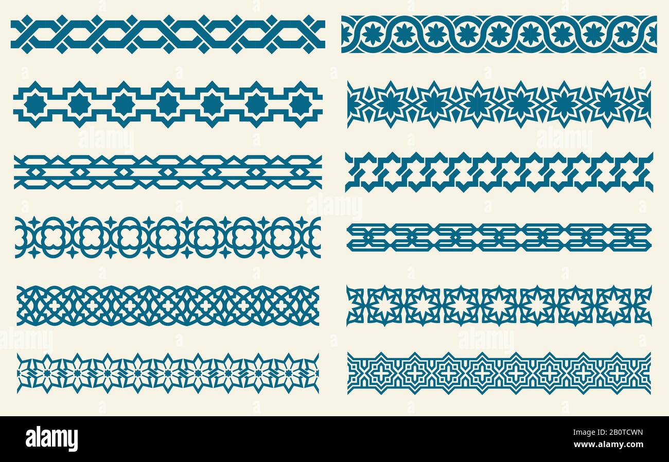 Gli ornamenti islamici collegano i bordi decorativi vettoriali senza cuciture. Insieme di modelli di confine in stile islamico, illustrazione dei bordi ornamento Illustrazione Vettoriale