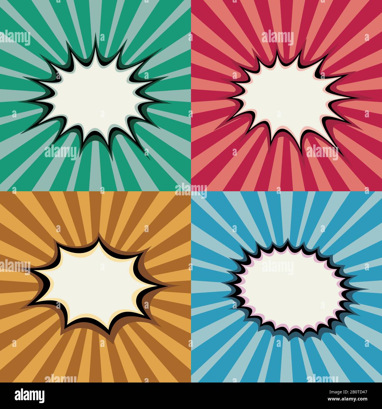 Blank pop art speech bollices and burst shapes on retro super eroe tramonto sfondo vettore set. Sequenza di sfondo, illustrazione della pagina con sequenza radiale Illustrazione Vettoriale