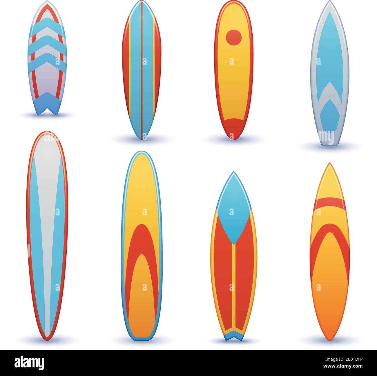 Tavole da surf vintage con set di vettori di design grafico cool. Surf shortboard, illustrazione di funboard per surf Illustrazione Vettoriale