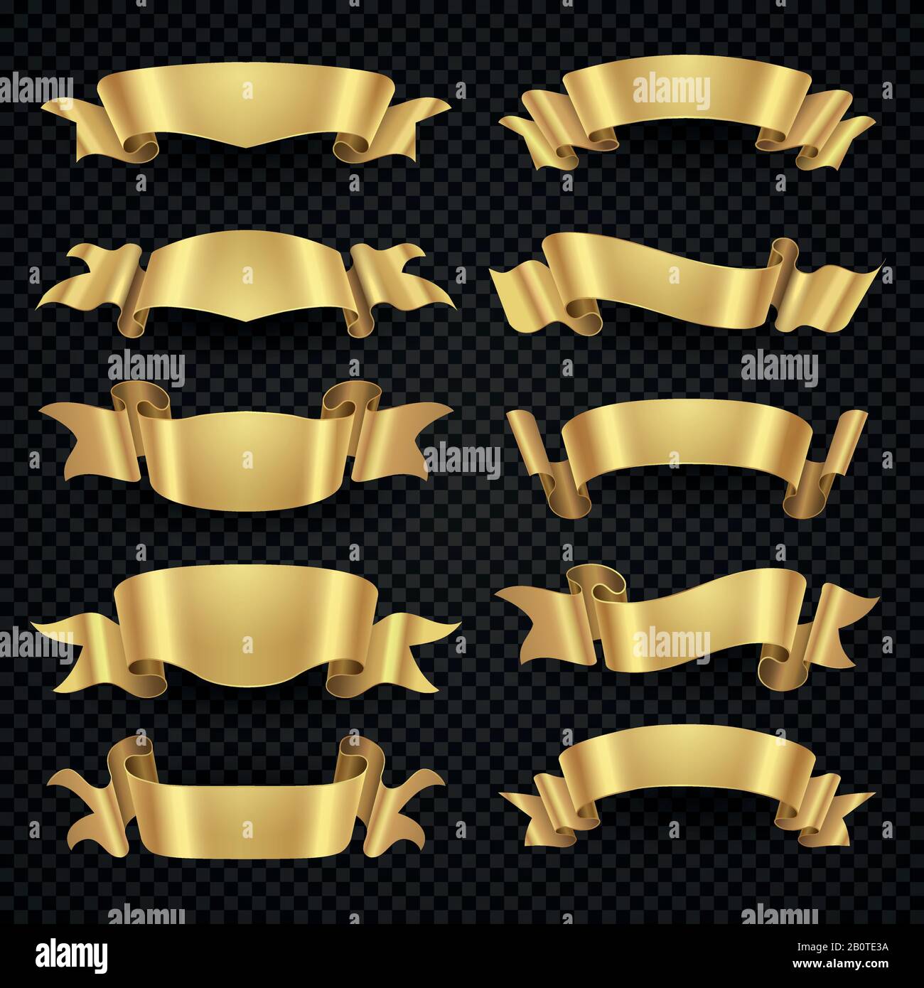 Collezione vettoriale di banner a nastro 3d oro lucido e moderno isolato. Set di nastri per etichette bianchi, illustrazione di nastri classici dorati Illustrazione Vettoriale