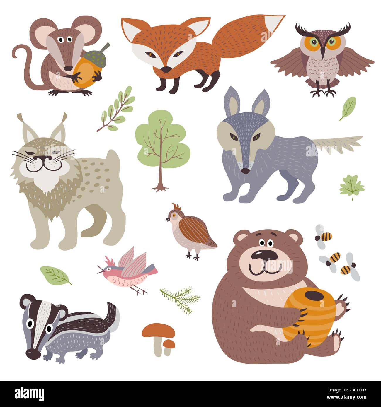 Felice cartone animato e divertenti animali di legno nella raccolta vettoriale foresta. Lynx animale della foresta e uccello, illustrazione di orso animale dello zoo e gufo Illustrazione Vettoriale