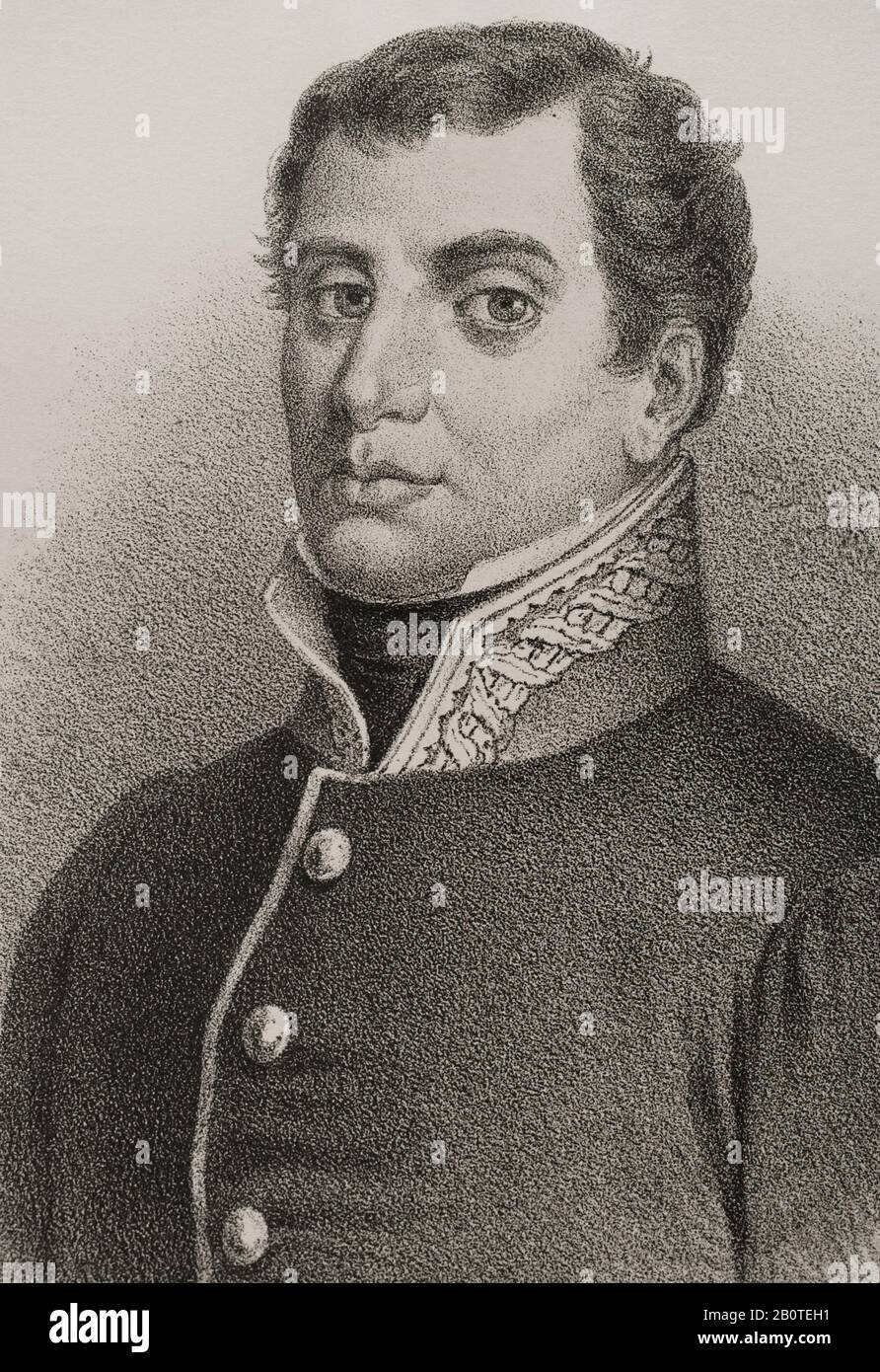 Rafael del Riego (1784-1823). Militare e politico spagnolo. Ha proclamato la Costituzione liberale di Cadice, A Cabezas de San Juan (provincia di Siviglia, Andalusia), inaugurando il Triennio liberale. Ritratto, dettaglio. Illustrazione di J. Cebrian. Litografia. Cronica Generale De España. Historia Ilustrada y Descriptiva de sus Provincias. Asturias e Leon, 1867. Foto Stock