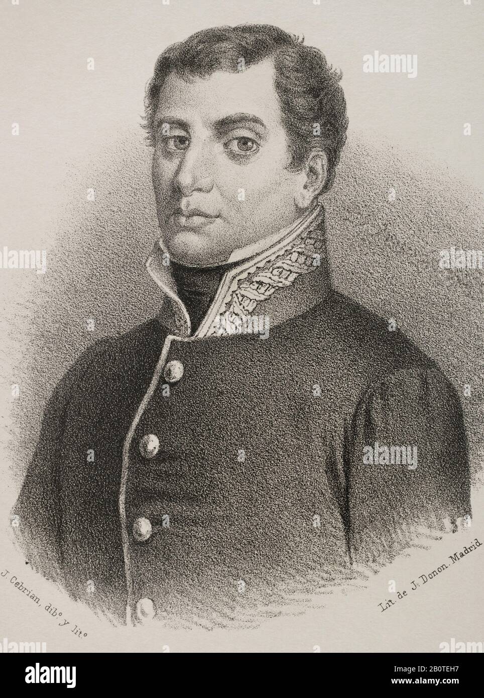 Rafael del Riego (1784-1823). Militare e politico spagnolo. Ha proclamato la Costituzione liberale di Cadice, A Cabezas de San Juan (provincia di Siviglia, Andalusia), inaugurando il Triennio liberale. Verticale. Illustrazione di J. Cebrian. Litografia. Cronica Generale De España. Historia Ilustrada y Descriptiva de sus Provincias. Asturias e Leon, 1867. Foto Stock