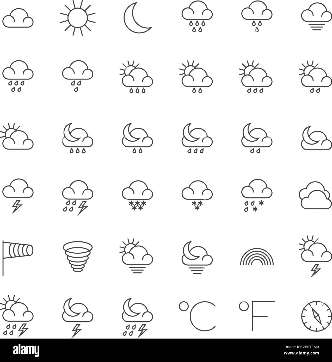 Simboli meteorologici e icone di linea sottile vettore meteo impostati. Set di icone meteo, illustrazione del fiocco di neve e del tempo di pioggia Illustrazione Vettoriale