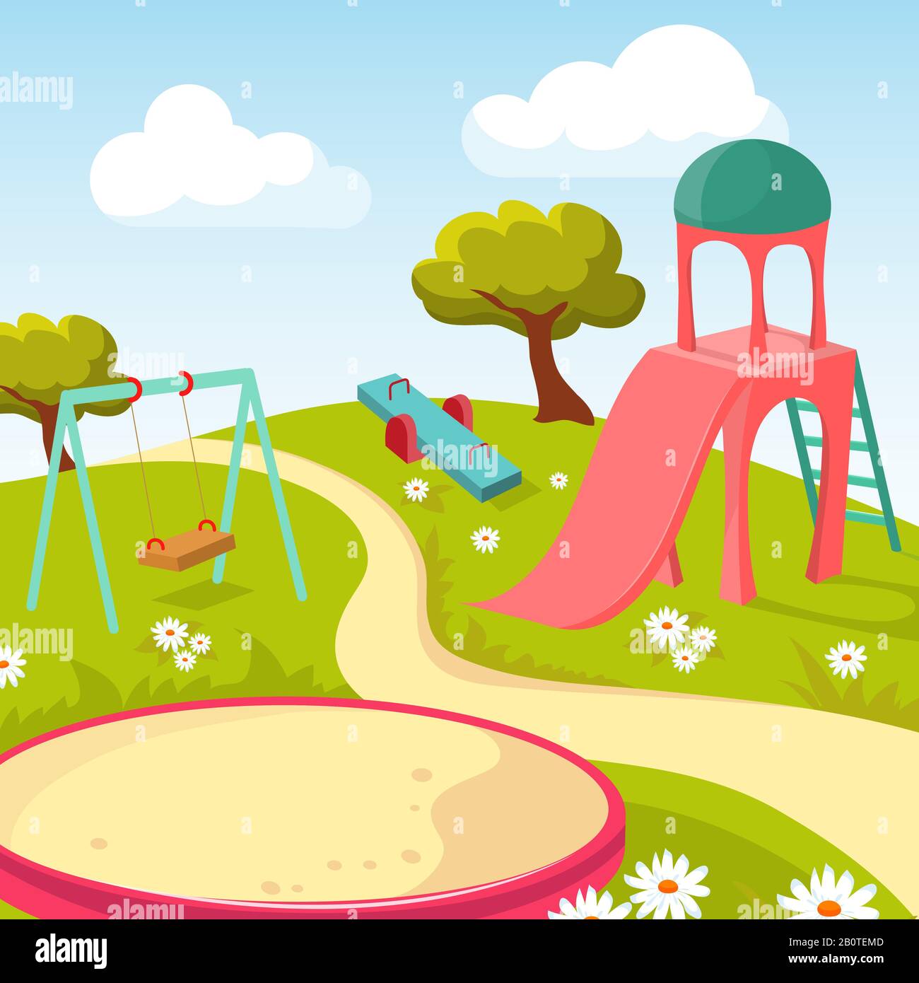 Parco giochi per bambini con attrezzature da gioco illustrazione vettoriale. Parco giochi per il tempo libero Illustrazione Vettoriale