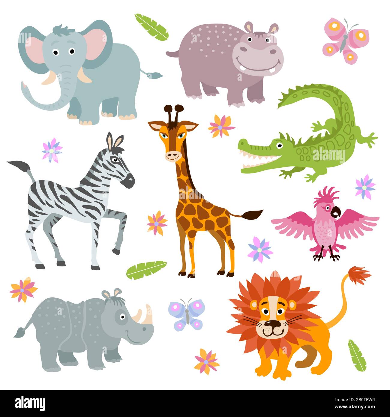 Cartone animato cute africano savana animali vettore set. Pappagallo animale selvatico e ippopotamo, illustrazione di alligatore e giraffe animale cartone animato Illustrazione Vettoriale