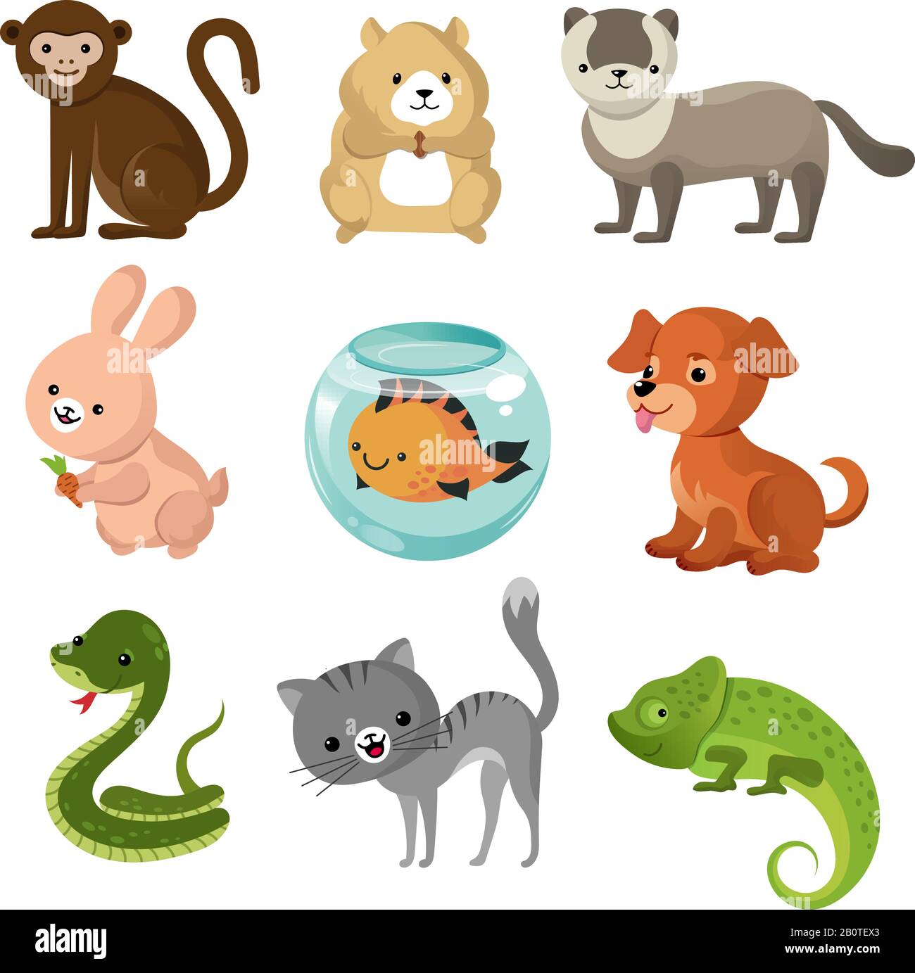 Cartoon cute casa animali domestici raccolta vettoriale. Set di animali domestici animale, illustrazione di animali da cartone animato lucertola, coniglio e serpente Illustrazione Vettoriale