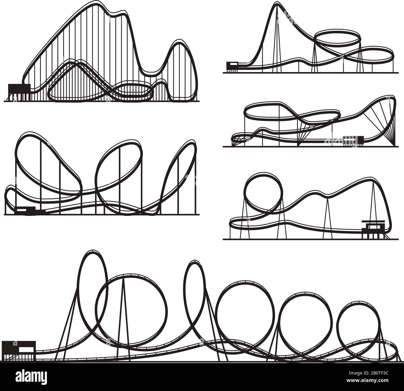 Montagne russe vettore vettore nero silhouette isolato su bianco. Icone del parco divertimenti. Montagne russe per il parco divertimenti, illustrazione di montagne russe Illustrazione Vettoriale