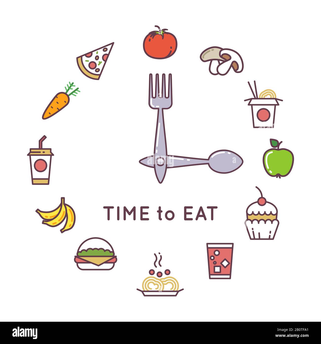 Perdita di peso dieta concetto vettoriale con orologio e icone alimentari. Illustrazione dello stile di vita del concetto di orologio alimentare Illustrazione Vettoriale