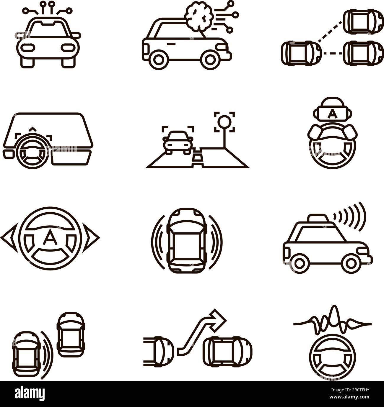 Icone della linea vettoriale del sistema automatico di guida a mani libere e auto intelligenti. Sistema auto automatico, illustrazione di automobile intelligente Illustrazione Vettoriale