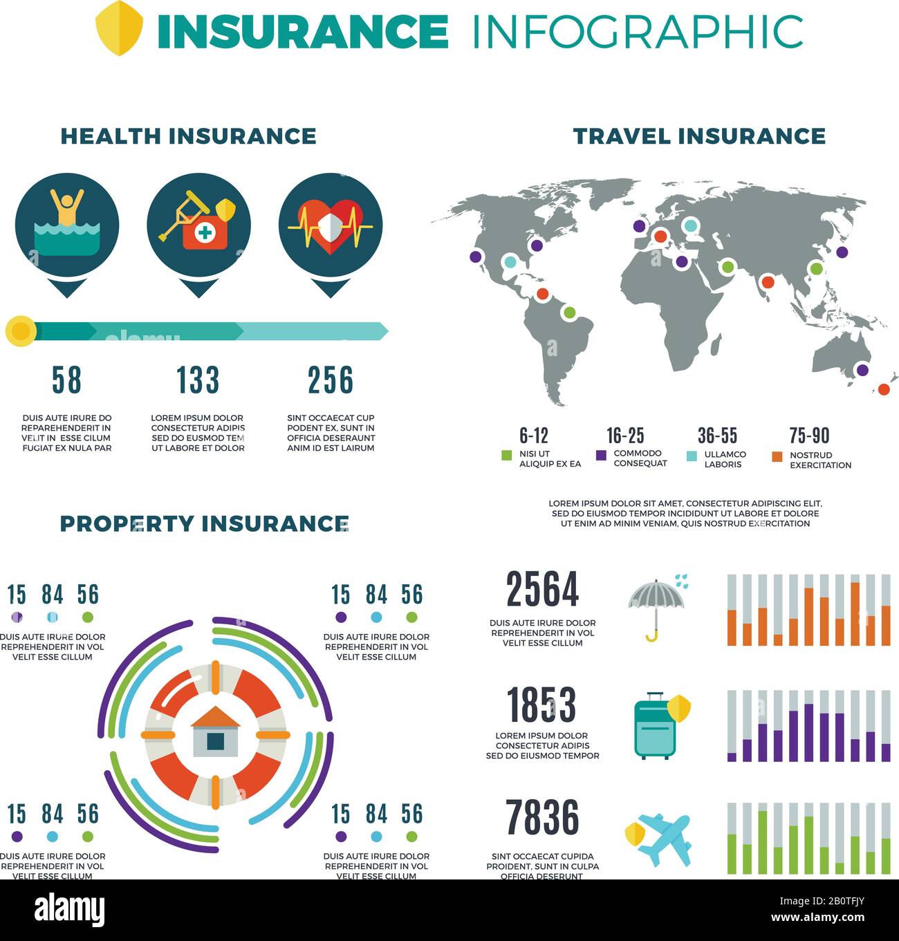 Assicurazione la vostra infografica di vettore di affari. Carta assicurativa e infografica, assicurazione sanitaria e illustrazione di viaggio Illustrazione Vettoriale