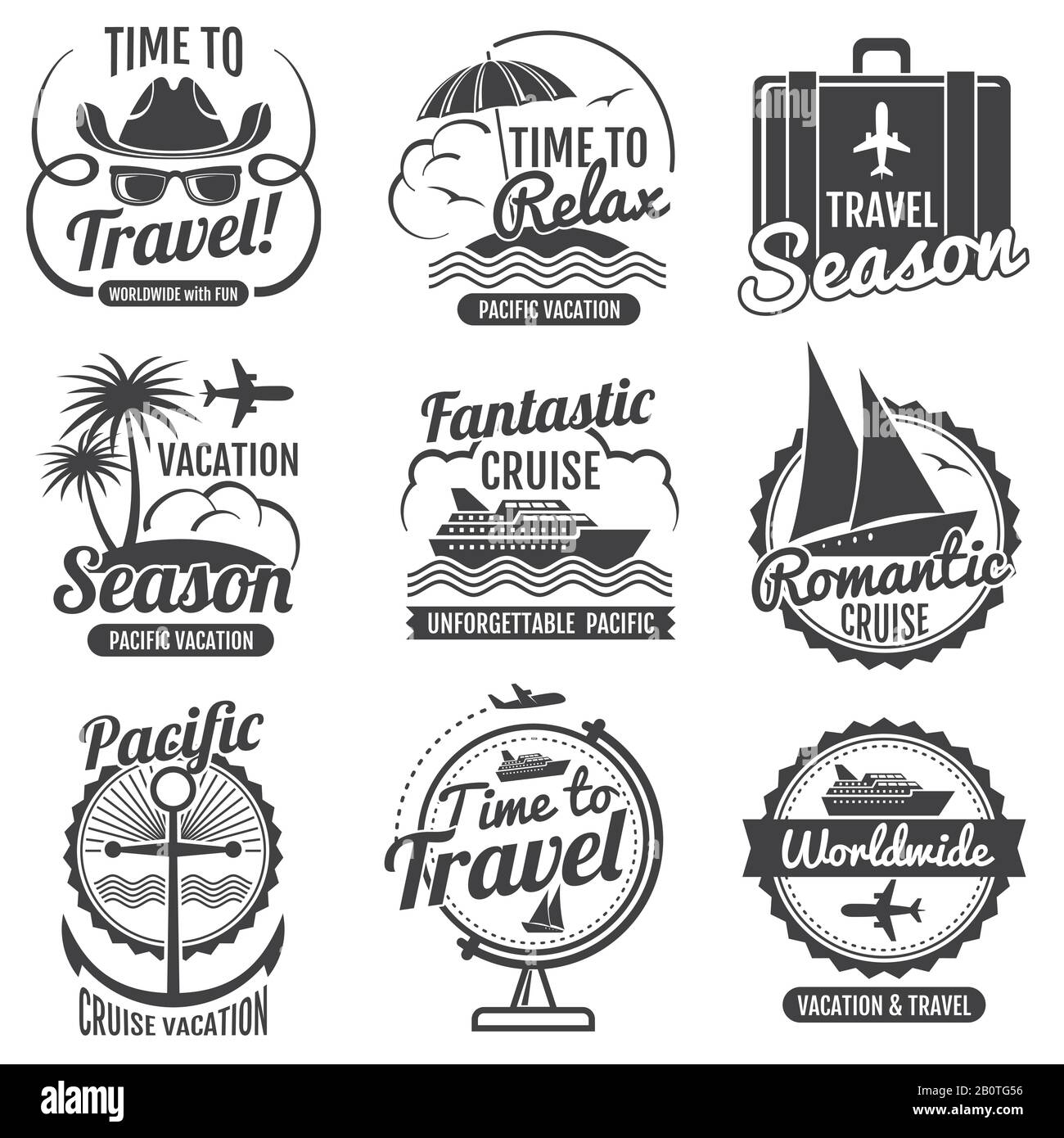 Viaggio avventura vettore vintage etichette e emblemi. Vacanza con logo vintage, illustrazione della crociera romantica con logo Illustrazione Vettoriale