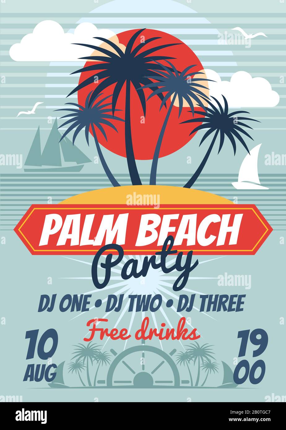 Beach party retro estate vettore poster o flyer. Banner Beach party dance, illustrazione del flyer Summer party Illustrazione Vettoriale