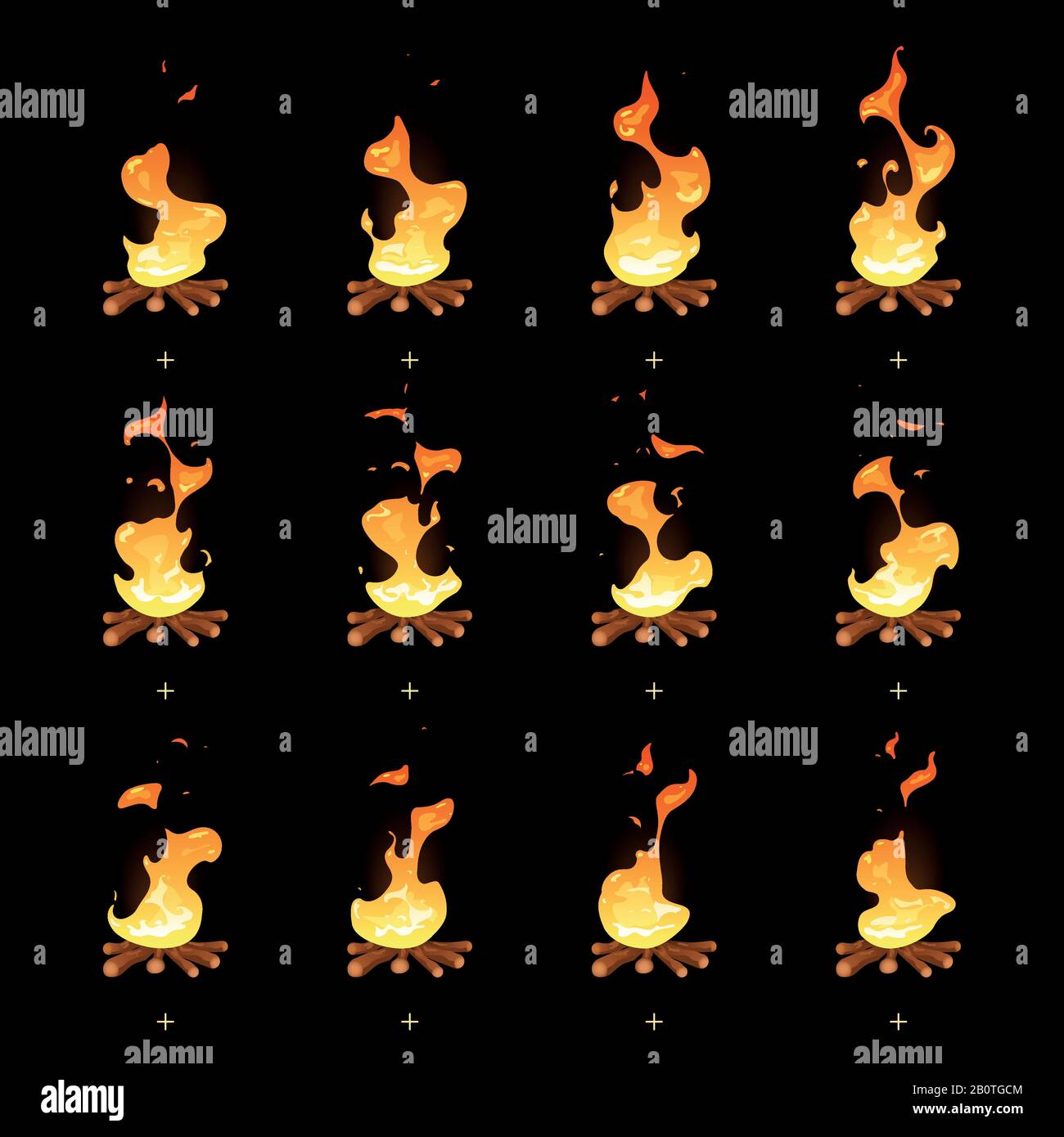 Cartone vettore falò fiamma animato sprite. Illustrazione dell'animazione del fuoco, masterizzazione dell'interfaccia utente del campfire Illustrazione Vettoriale