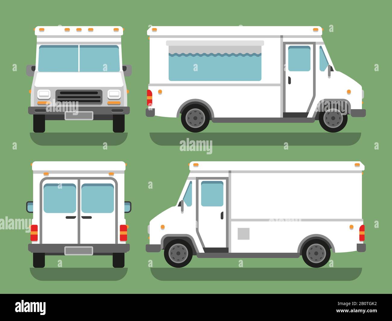 Cartone animato consegna bianco vuoto food box camion vettore mockup. Illustrazione di Street food car, trasporto lato camion davanti e dietro Illustrazione Vettoriale