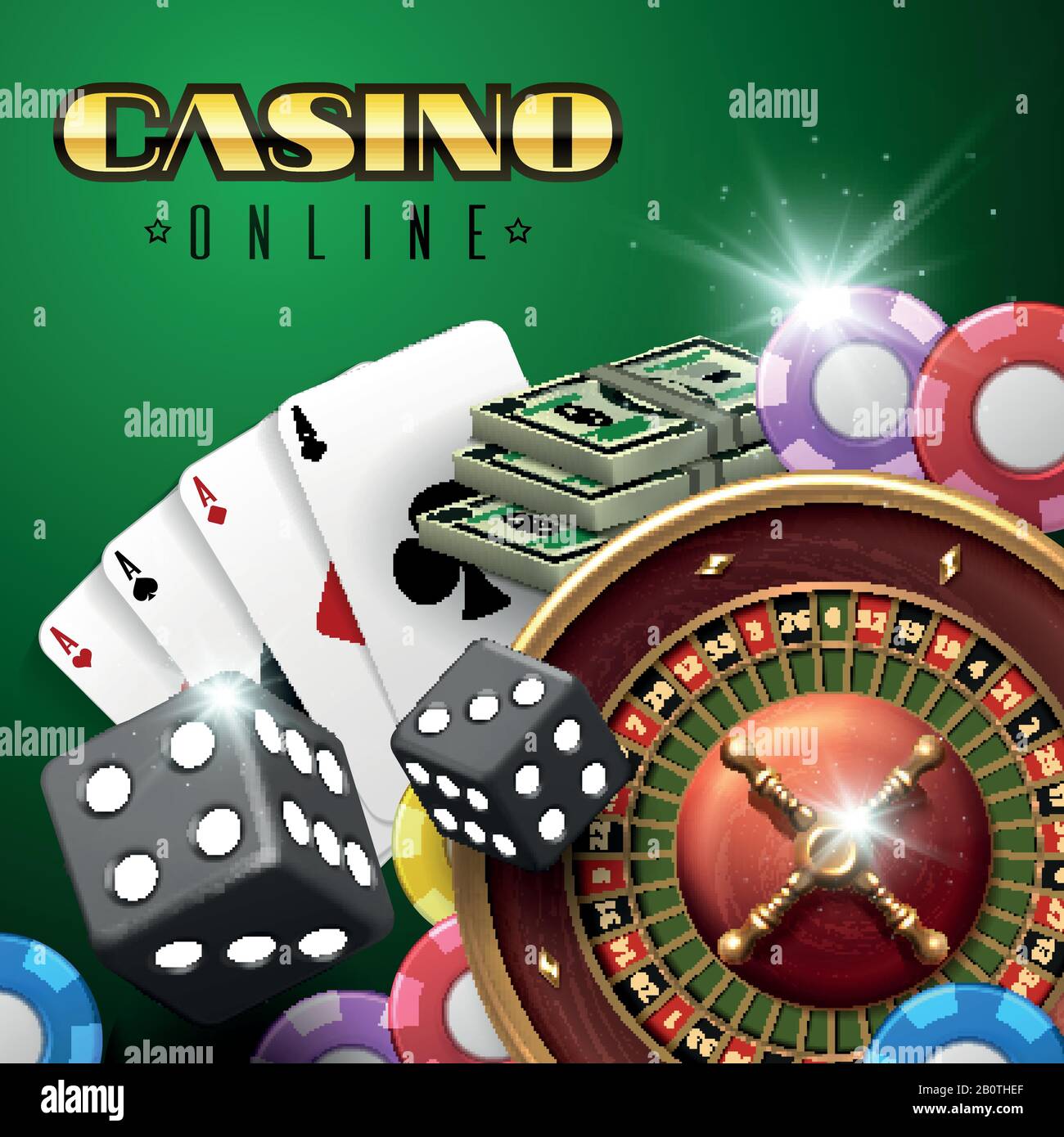 Il gioco d'azzardo in linea del vettore di gioco con le carte di roulette, dei dadi e del poker. Poker e dadi in illustrazione online del casinò Illustrazione Vettoriale
