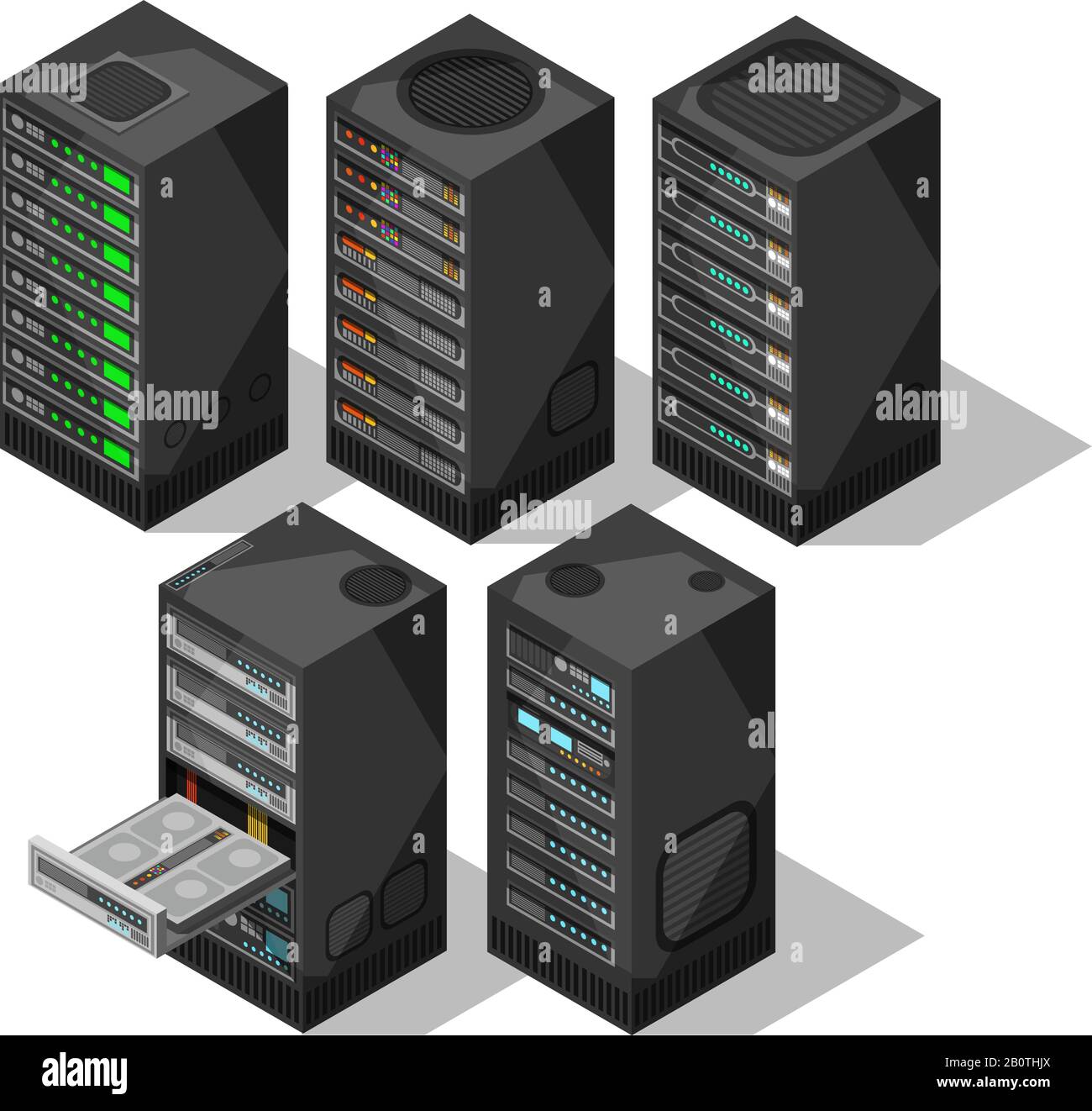 Apparecchiatura isometrica hardware. server di telecomunicazioni 3d. Oggetti della sala di archiviazione del data center. Set di vettori tower per database di computer. Industria delle apparecchiature Internet, illustrazione dei cluster di server Illustrazione Vettoriale