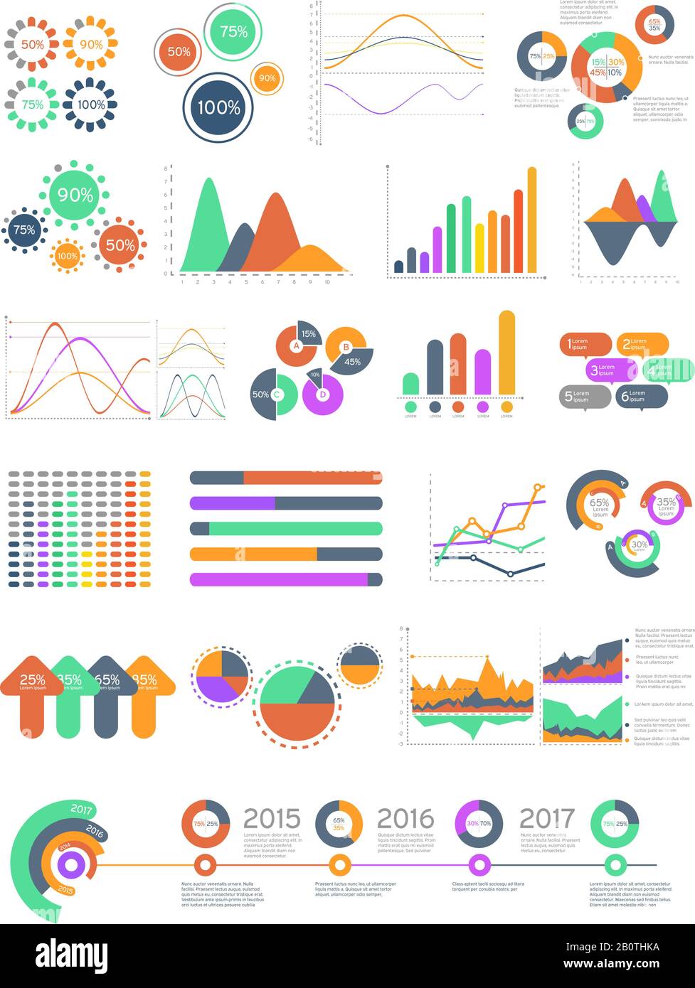 Infografiche vettoriali multicolore con grafici e diagrammi diversi. Modello di progettazione con grafici per l'illustrazione della presentazione aziendale Illustrazione Vettoriale