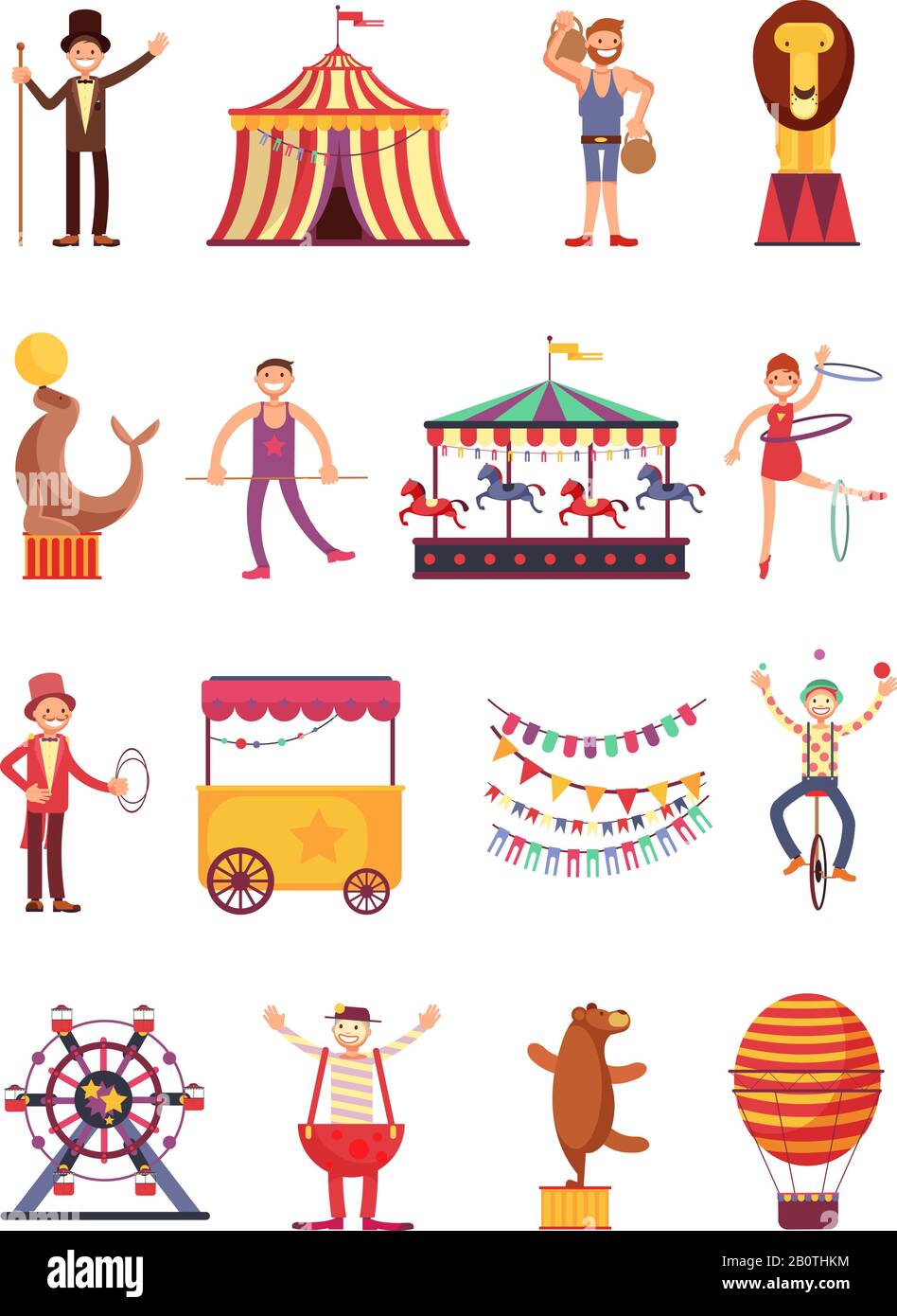 Personaggi divertenti per cartoni animati di Carnevale e circo. Giostra fair e parco divertimenti Elements raccolta vettoriale. Cartone animato da circo di Carnevale, illustrazione di palloncini d'aria e clown Illustrazione Vettoriale