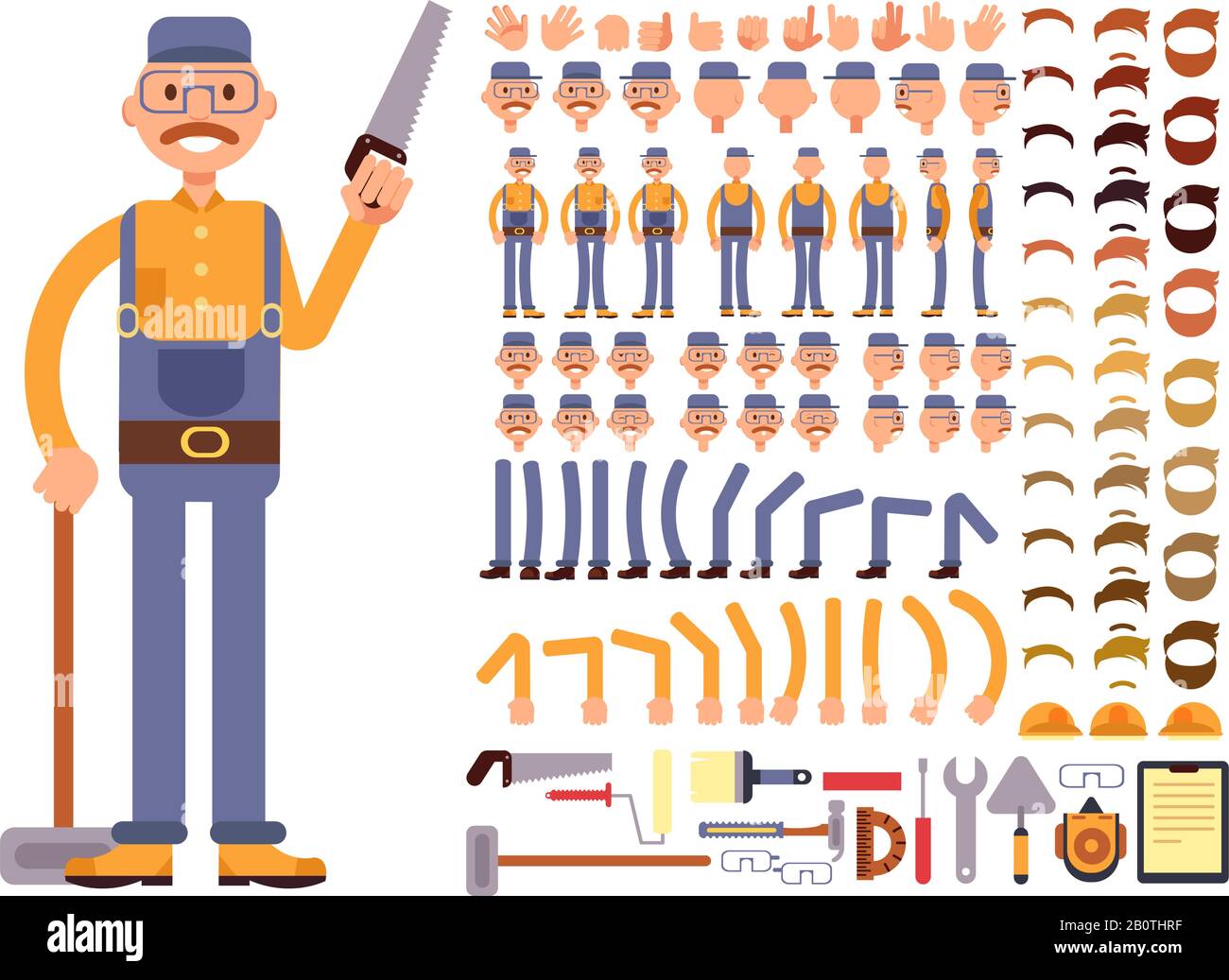 Operaio di costruzione dell'uomo del cartone animato nel carattere del vettore del jumpsuit con la serie grande delle parti del corpo. Creazione costruttore di pose diverse. Corpo di costruzione dell'uomo e illustrazione di attrezzi diversi Illustrazione Vettoriale
