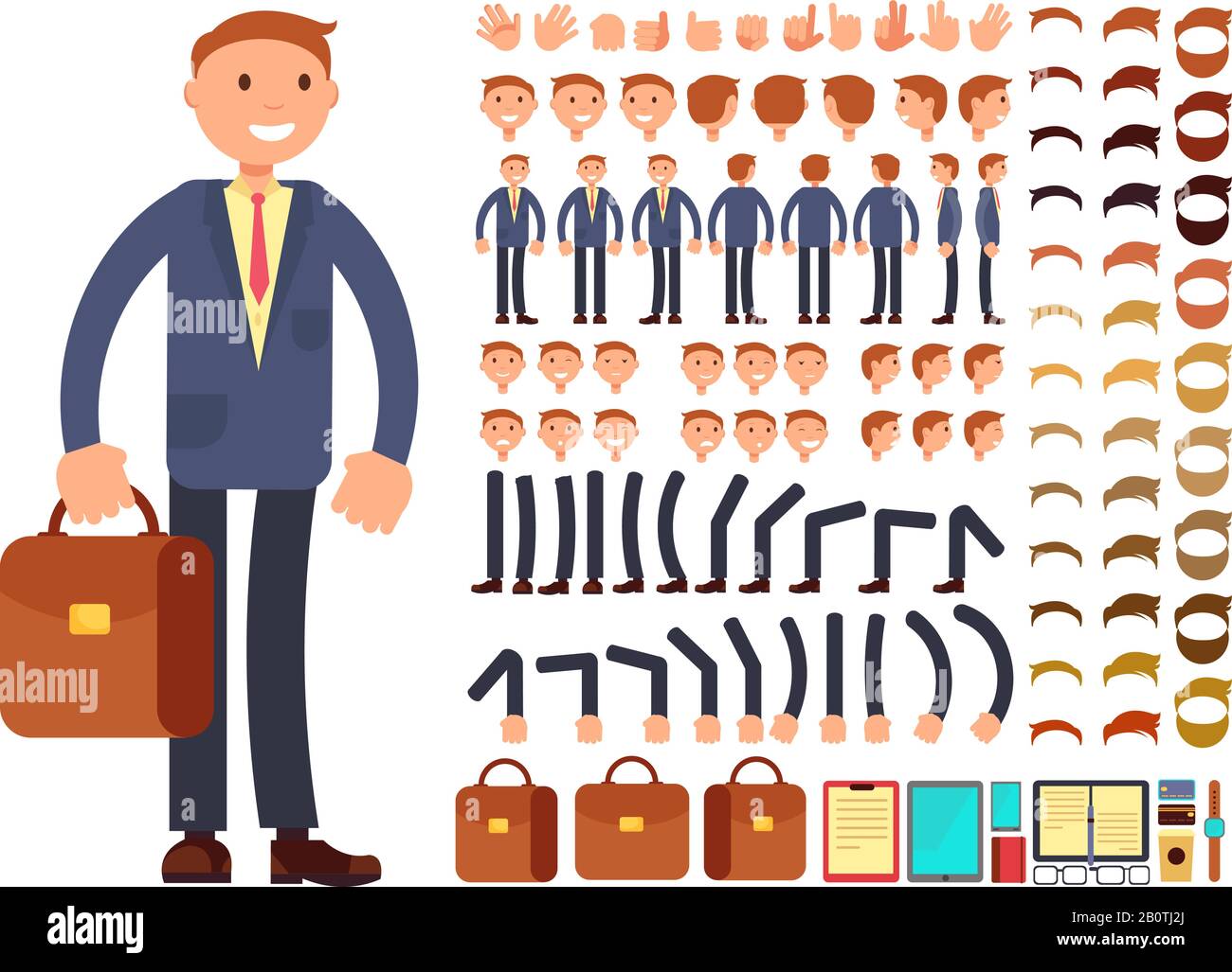 Set di caratteri vettoriali personalizzabili per uomini d'affari cartoon. Costruttore di pose diverse. Personaggio imprenditore costruttore piede e capelli, braccio e testa illustrazione Illustrazione Vettoriale
