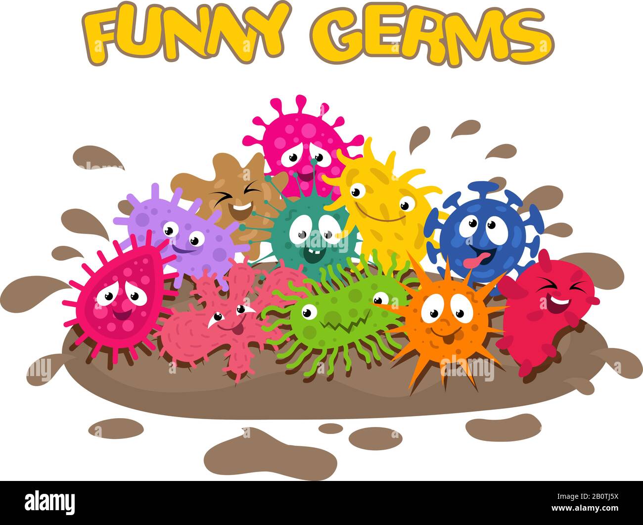 Germi vettoriali divertenti. I batteri del cartone animato spruzzano nell'illustrazione del vettore di fango. Caratteri microbi, batteri colorati e germe Illustrazione Vettoriale