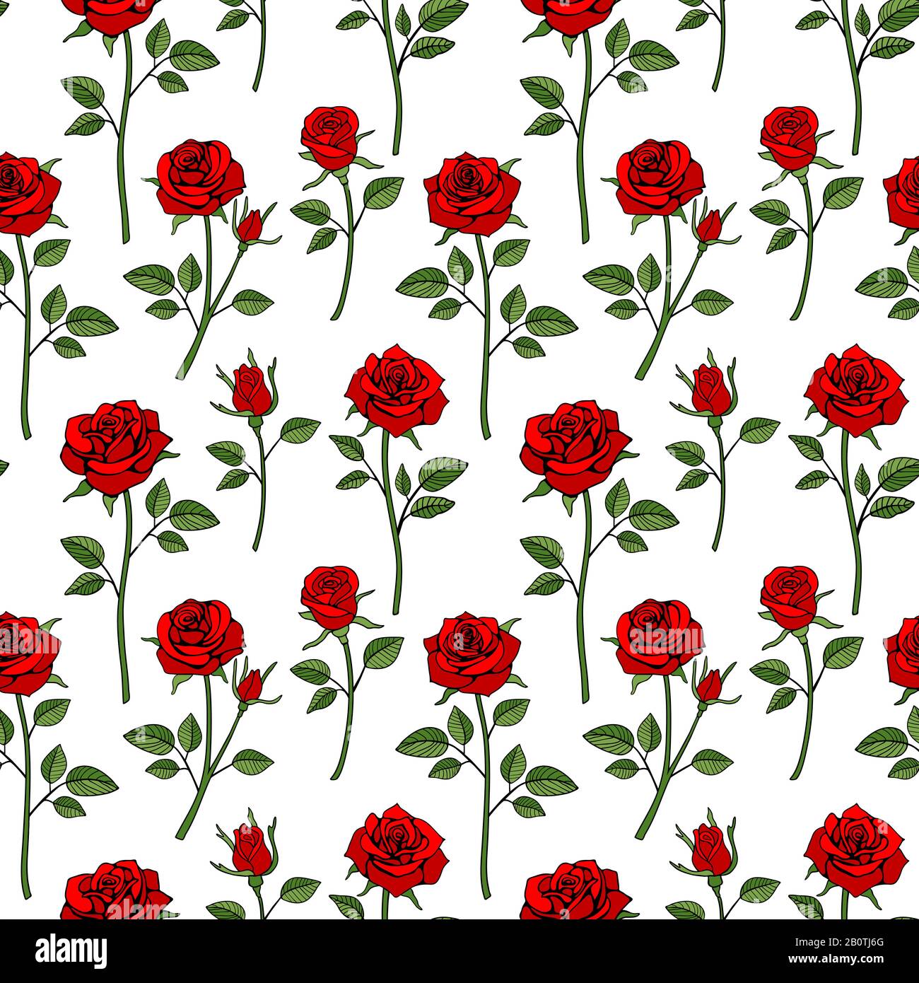 Floreale inglese vittoriano sfondo senza cuciture. Motivo rosa rosso giardino. Illustrazione di rosa fiore con foglia verde Illustrazione Vettoriale