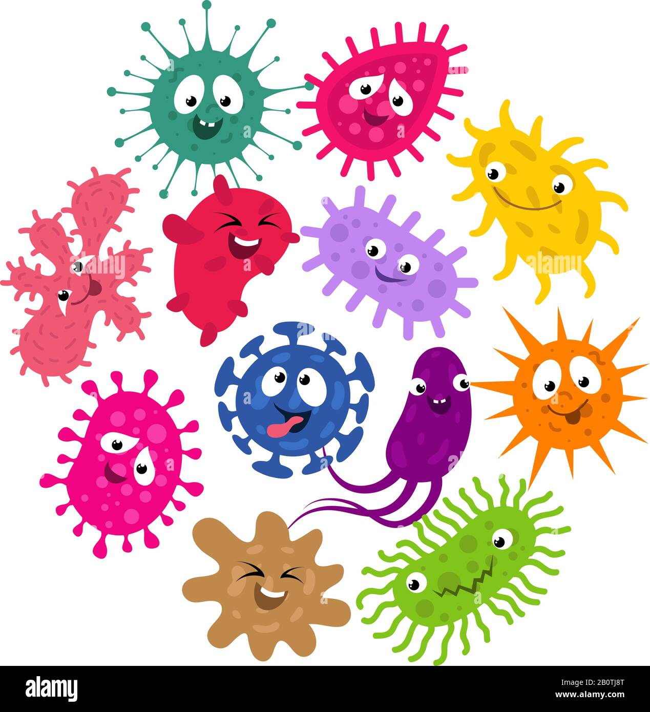 Germi divertenti e virus bambini sfondo vettore. Illustrazione dei caratteri che raggruppano batteri e infezioni da microrganismi microbici Illustrazione Vettoriale