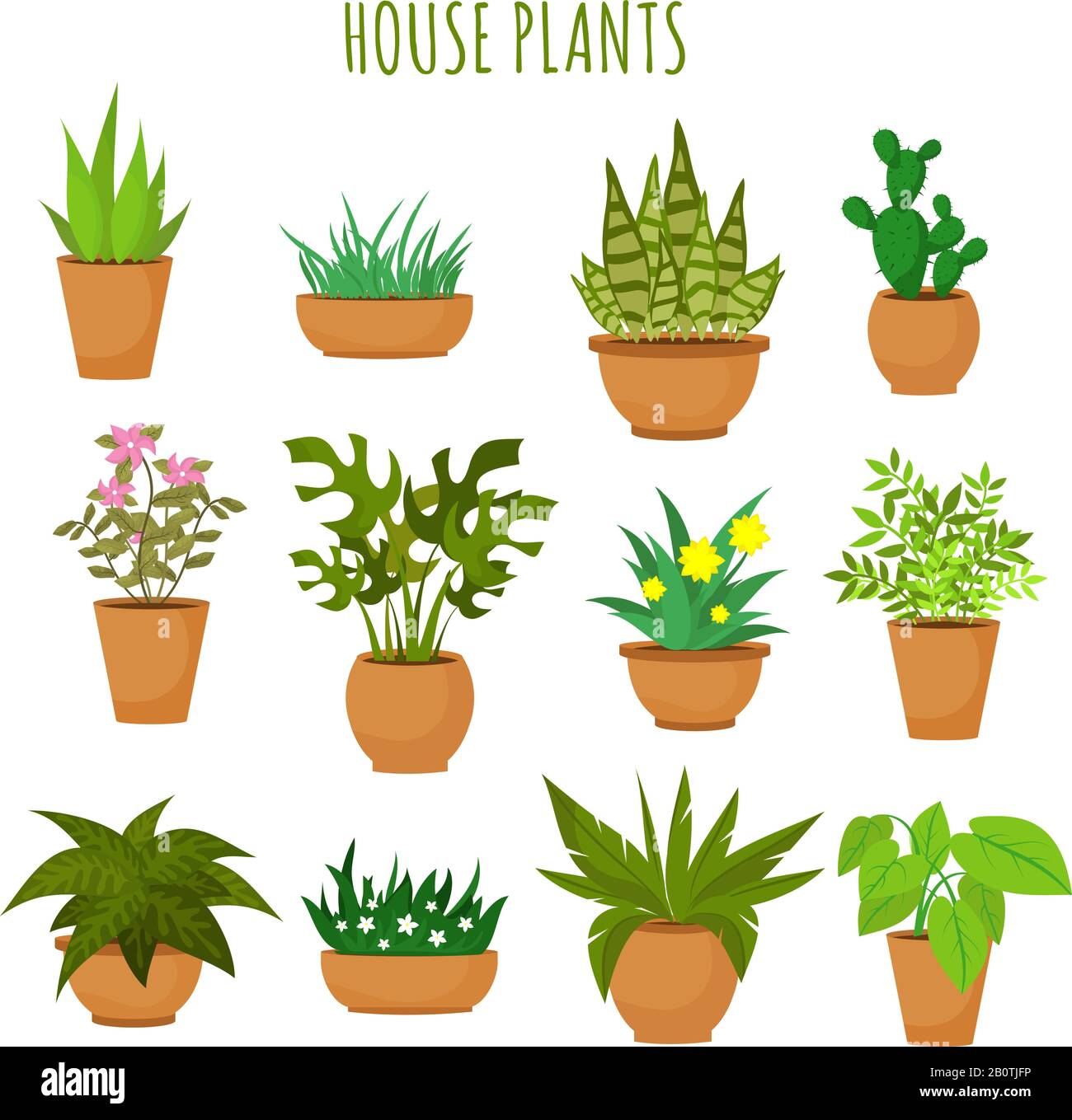 Casa interna piante verdi e fiori isolati su bianco vettore set. Piante verdi in vasi, illustrazione di piante di fiori verdi del giardino Illustrazione Vettoriale