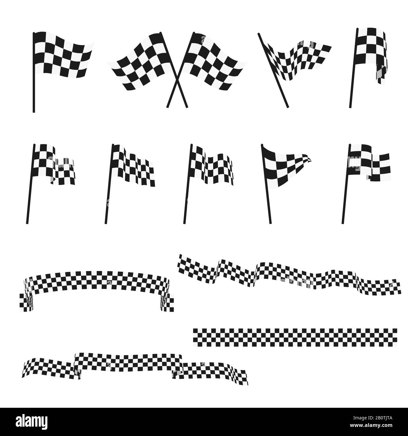 Bandiere auto a scacchi in bianco e nero e set di vettori di finishing tape. Bandiera sportiva per la gara di gara, vincitore controllare l'illustrazione della bandiera Illustrazione Vettoriale