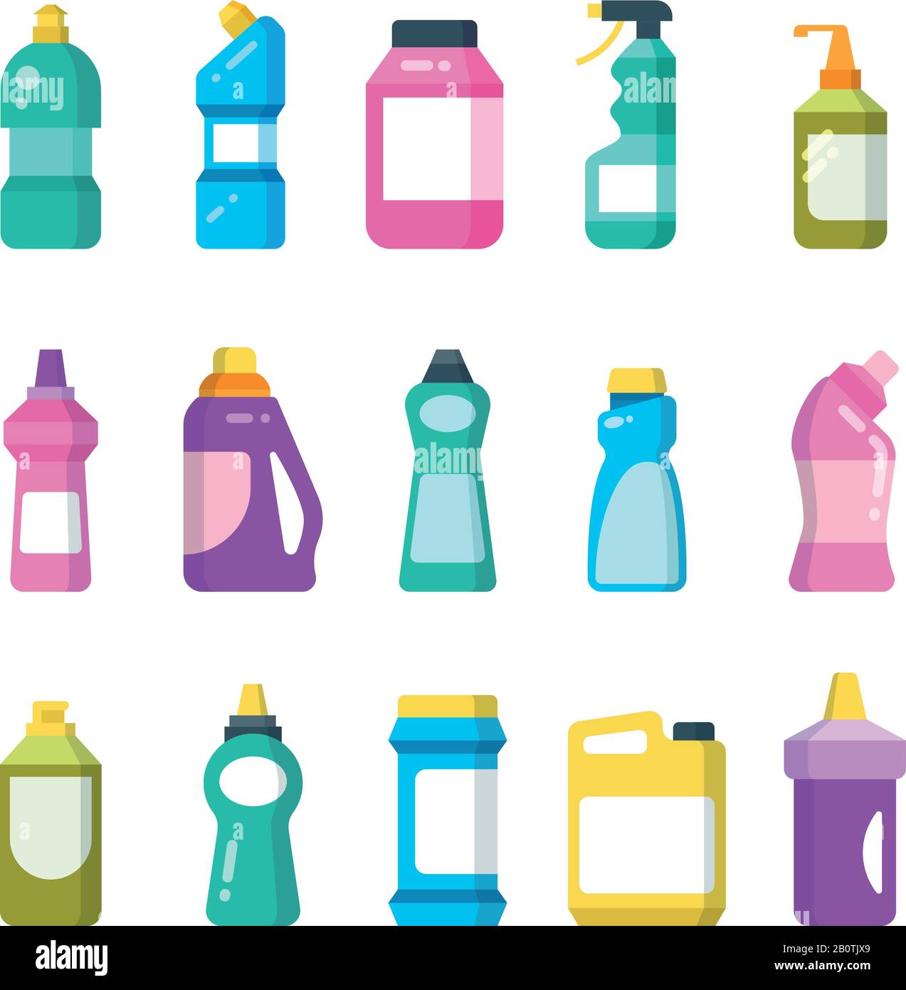 Pulizia dei prodotti domestici. Bottiglie per detergenti chimici. Set di vettori per contenitori sanitari. Contenitore chimico sanitario in plastica per disinfezione illustrazione bagno Illustrazione Vettoriale
