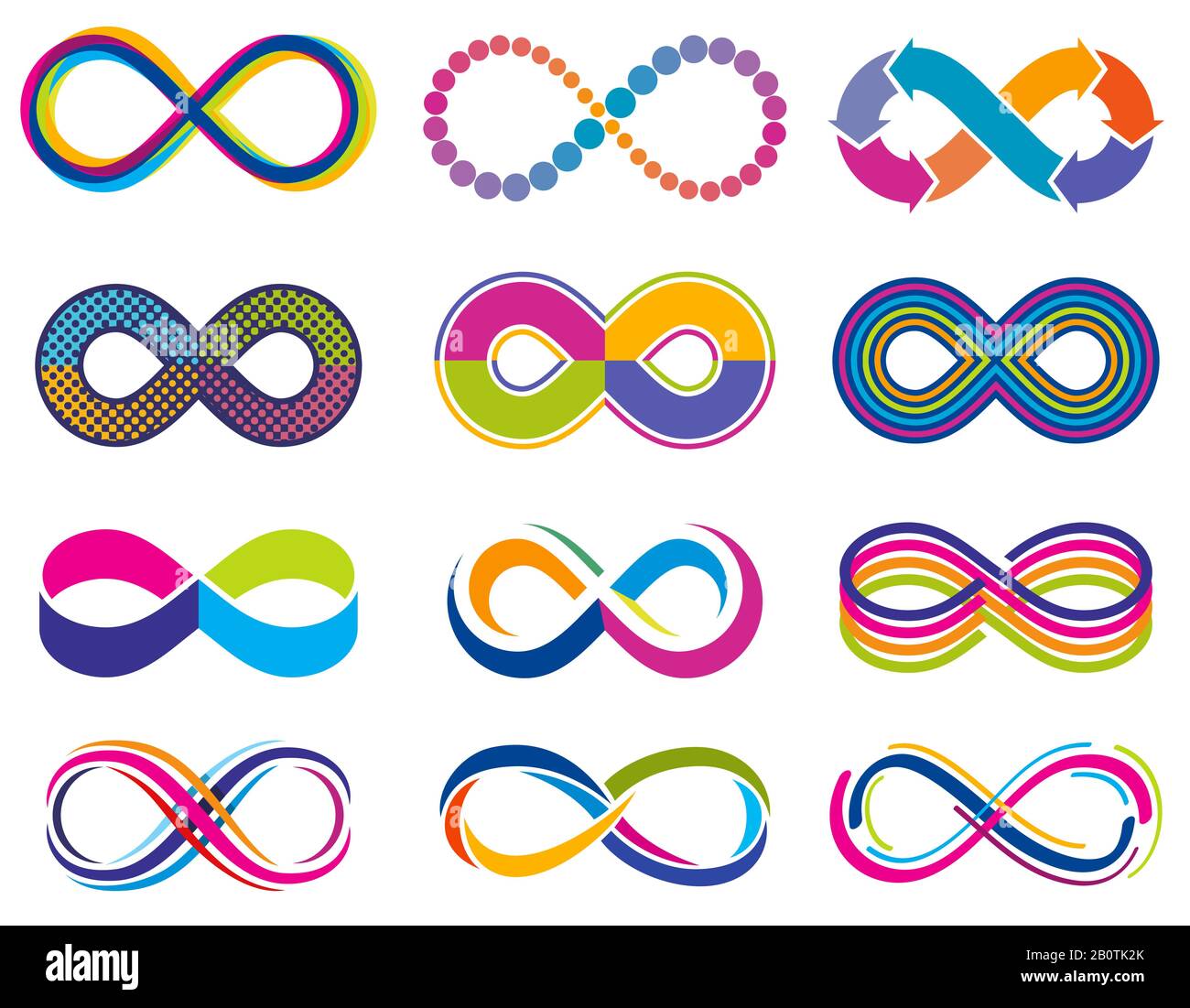 Simboli vettoriali infinity loop mobius senza fine. Eternity icone. Icona ciclo eternità, illustrazione del simbolo infinito Illustrazione Vettoriale