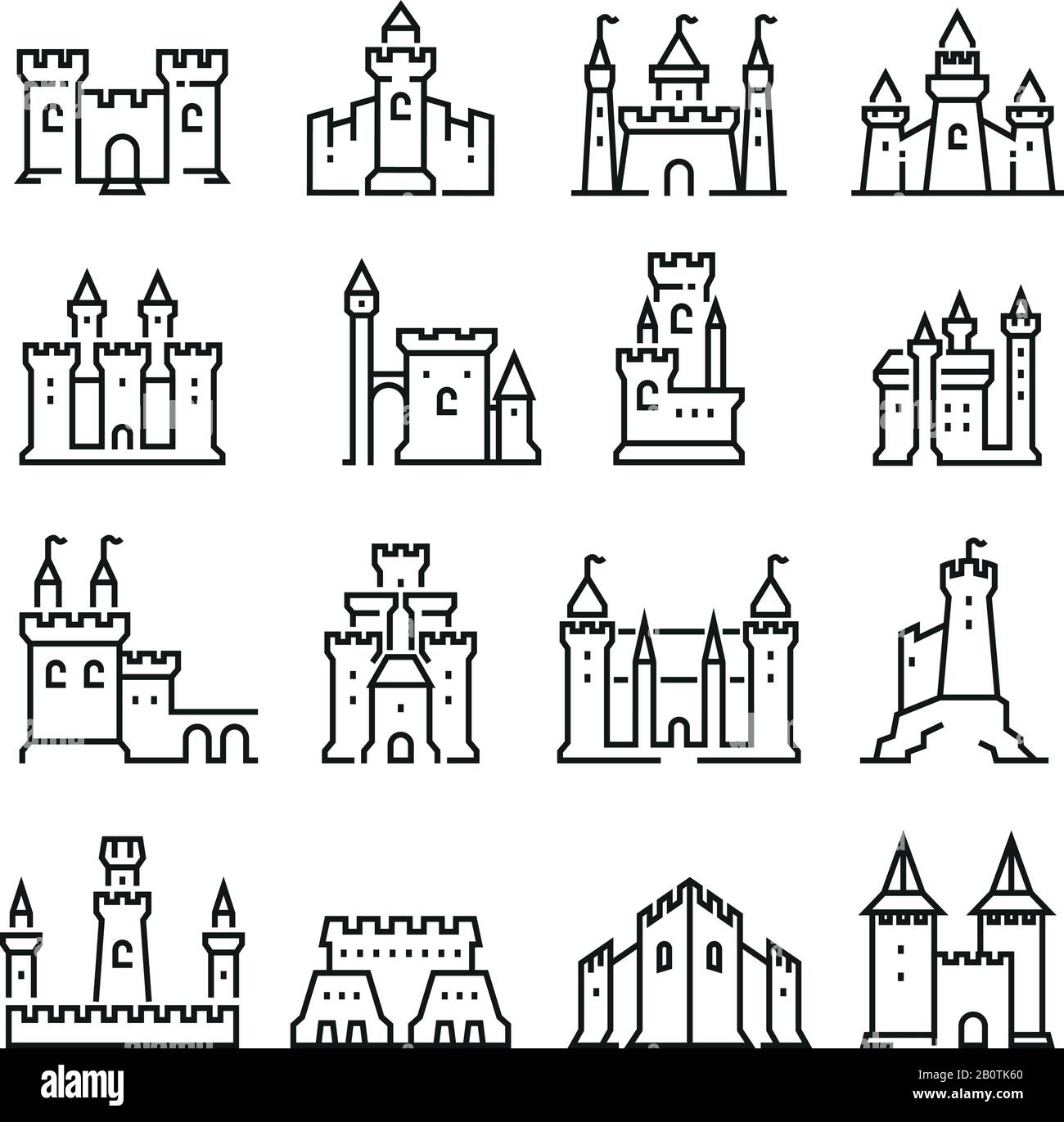 Castello medievale e antica torre fortezza linea icone vettore. Costruzione fortezza con torre, medievale architettura storica illustrazione Illustrazione Vettoriale