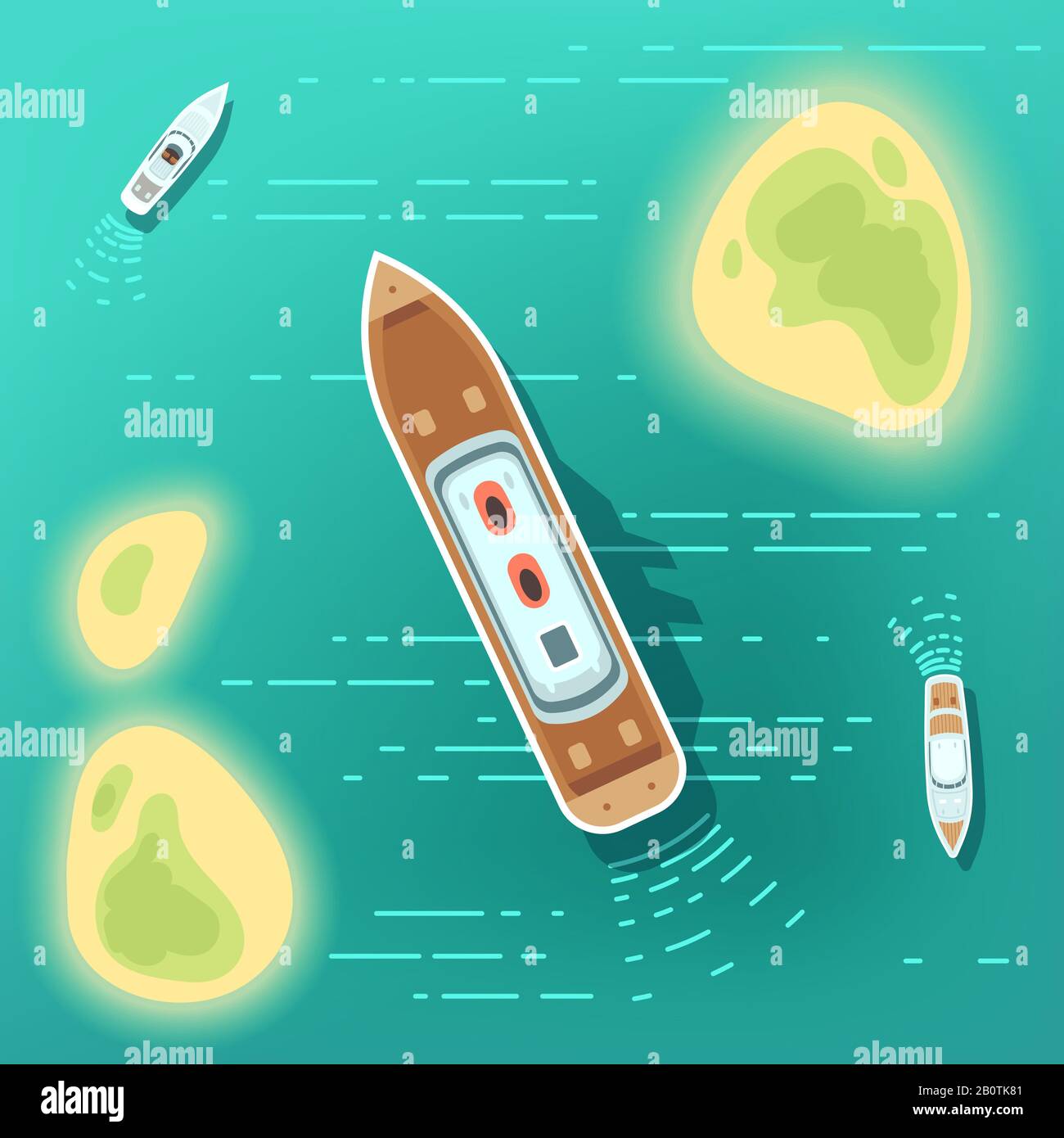 Vista aerea mare barche e nave. Parte dell'oceano con isole tropocal e navi da crociera. Vista dall'alto viaggio in nave da crociera estiva in oceano illustrazione Illustrazione Vettoriale