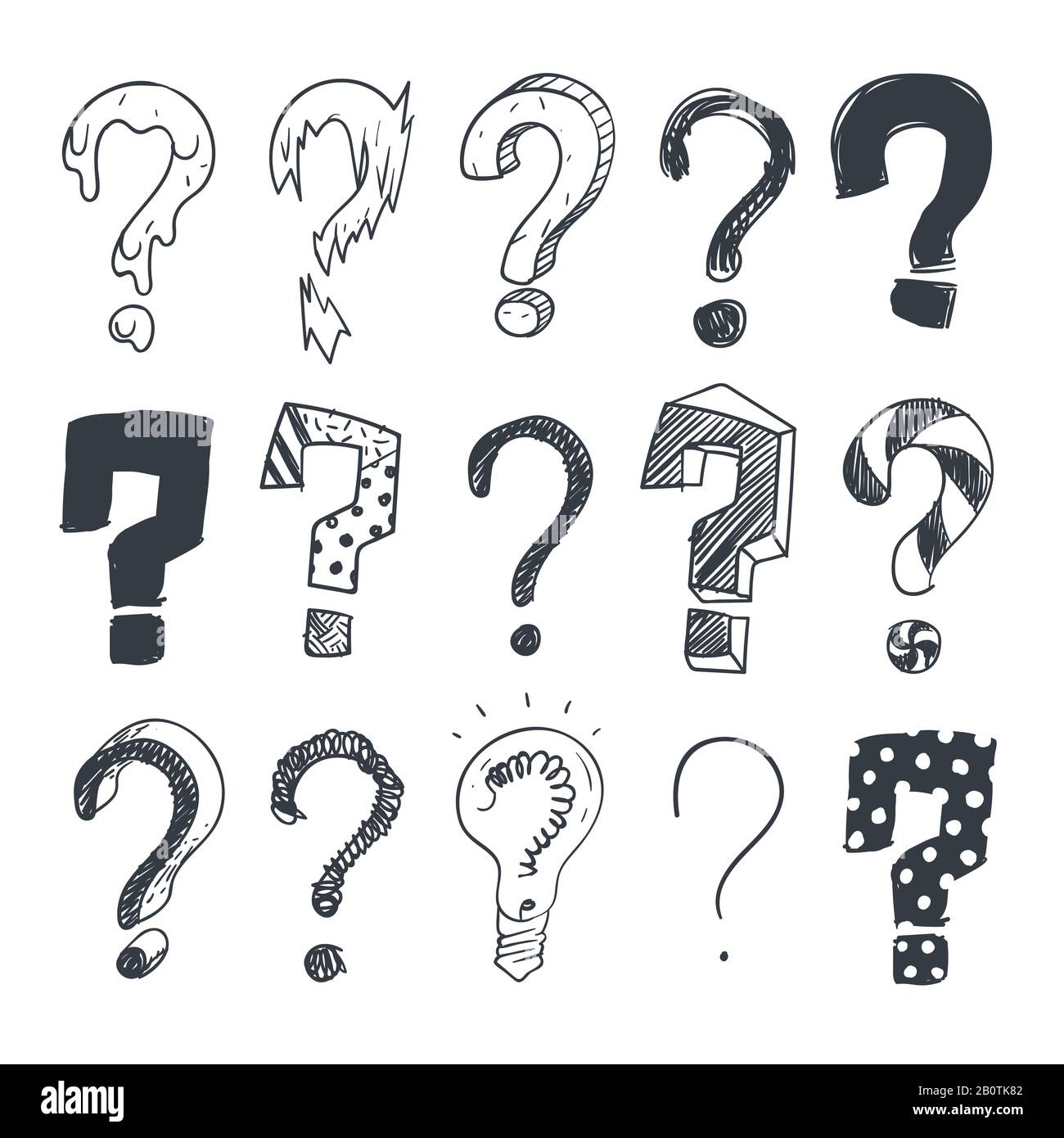 Punti interrogativi Doodle. Set di vettori di simboli di interrogazione disegnati a mano. Contrassegnare l'illustrazione della raccolta delle domande dello schizzo Illustrazione Vettoriale