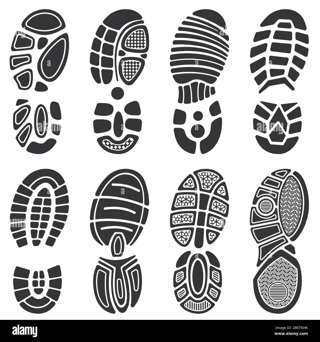Set di footprint vettoriali per scarpe sportive da running. Silhouette con stampa suola, illustrazione della scarpa nera Illustrazione Vettoriale