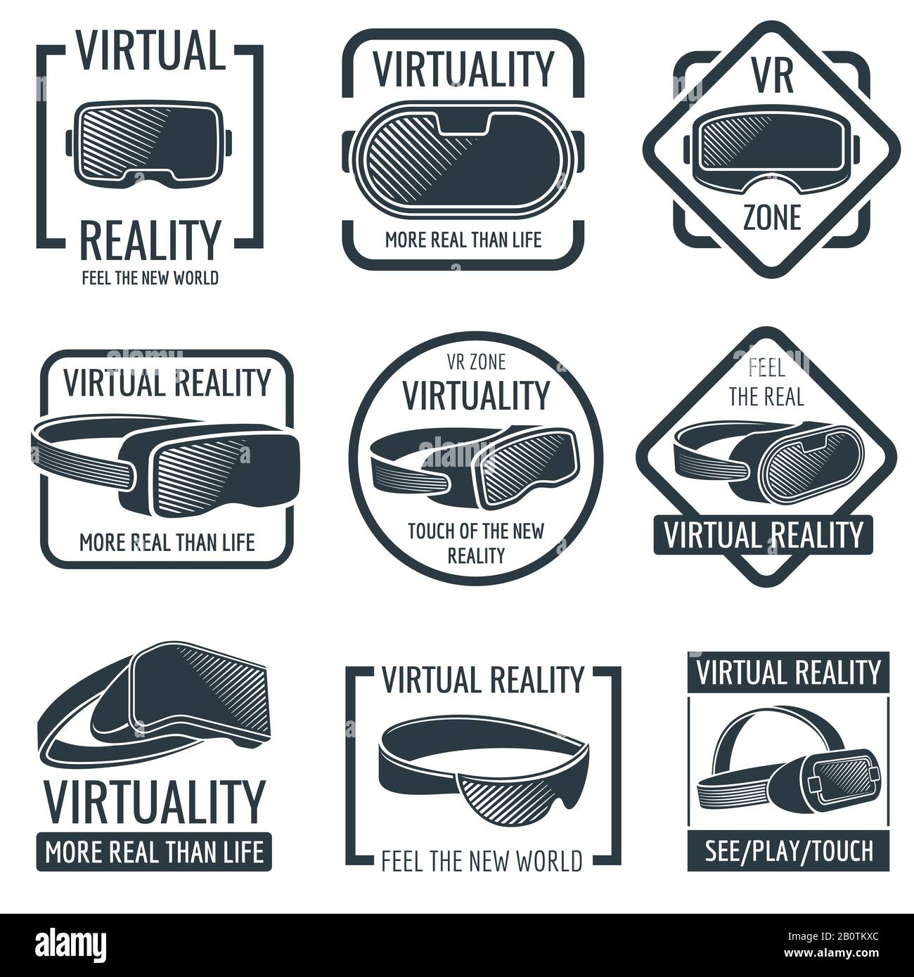 Logo futuristici di cuffie per la realtà virtuale con casco. Etichette vettoriali per display montate sulla testa di occhiali VR. Dispositivo per la realtà virtuale, illustrazione del casco per la testa Illustrazione Vettoriale