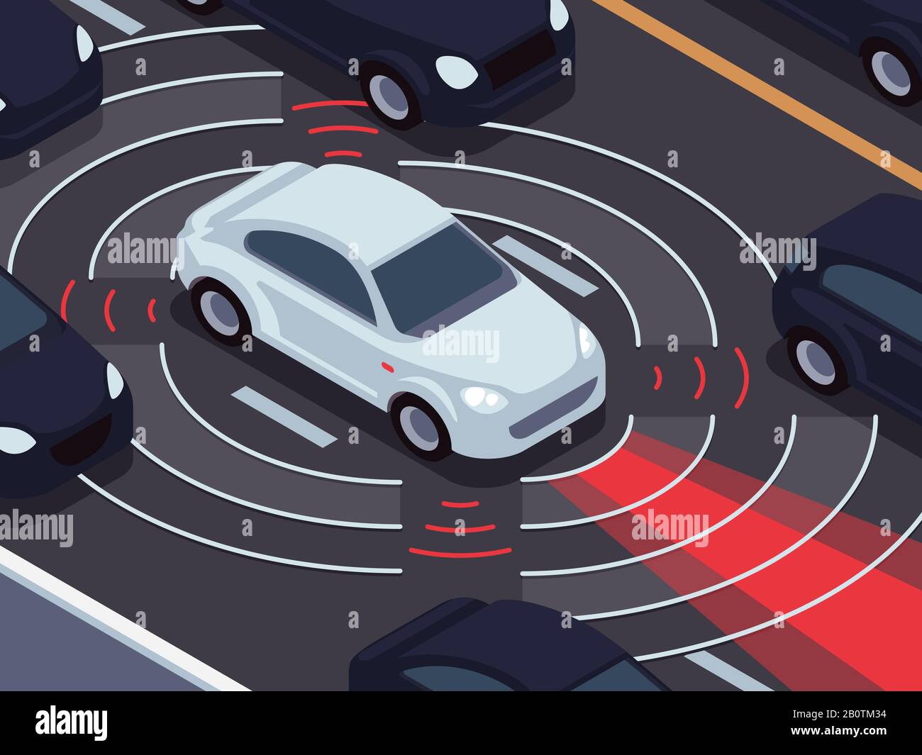 Tecnologia di guida autonoma del veicolo. Assistente di automobile e concetto del vettore di sistema di controllo di traffico. Tecnologia veicolo stradale, sensore di guida automatica per la sicurezza Illustrazione Vettoriale