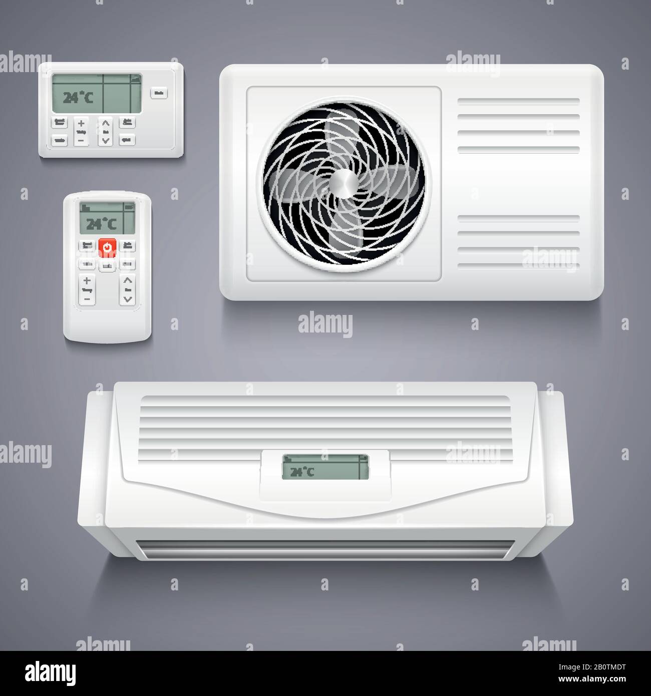 Immagine vettoriale realistica isolata del condizionatore d'aria. Condizionatore d'aria per uso domestico, apparecchiature elettroniche di alimentazione per il comando della climatizzazione Illustrazione Vettoriale