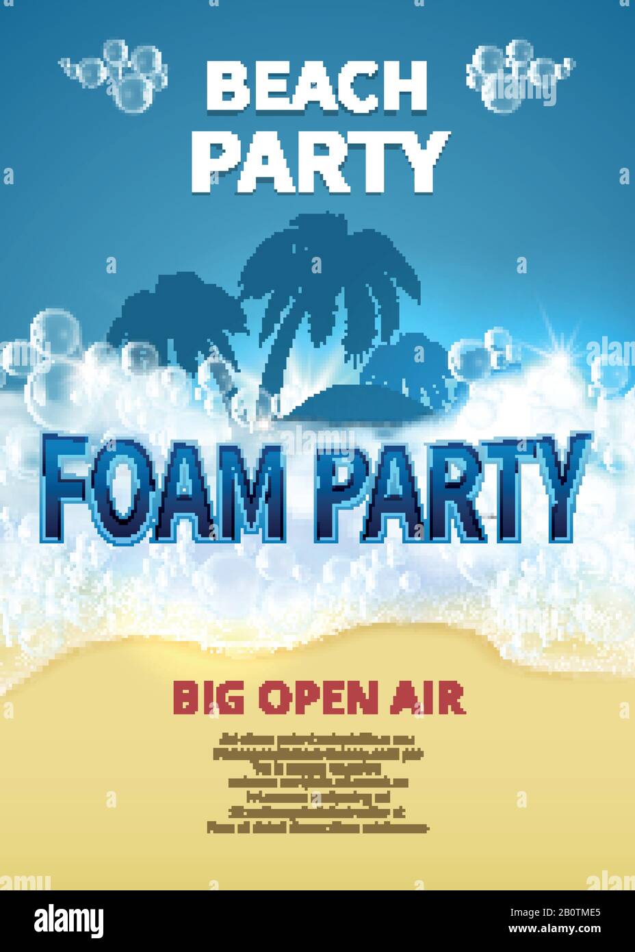 Poster dei vettori per feste in schiuma estiva. Spiaggia tropicale invito con bolle di sapone. Danza poster party, banner estate open air illustrazione Illustrazione Vettoriale