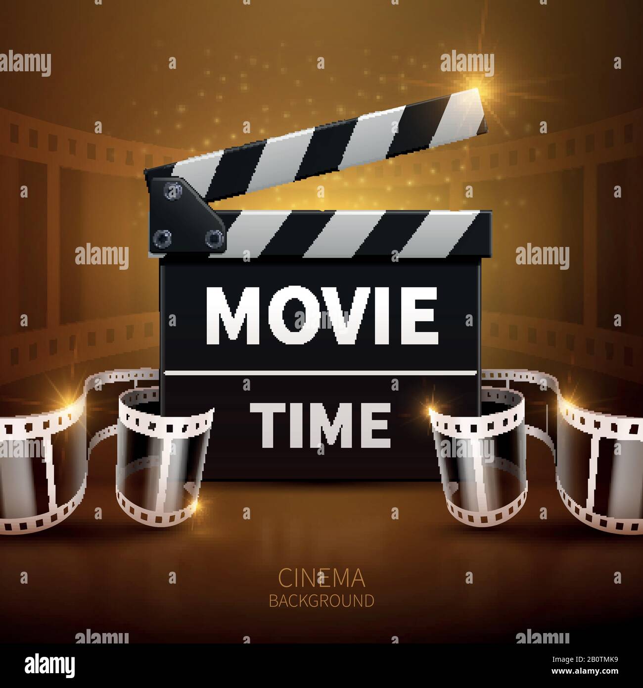 Film on line e sfondo vettoriale con cinema clapper e film roll. Clicper board per film e illustrazione cinematografica Illustrazione Vettoriale