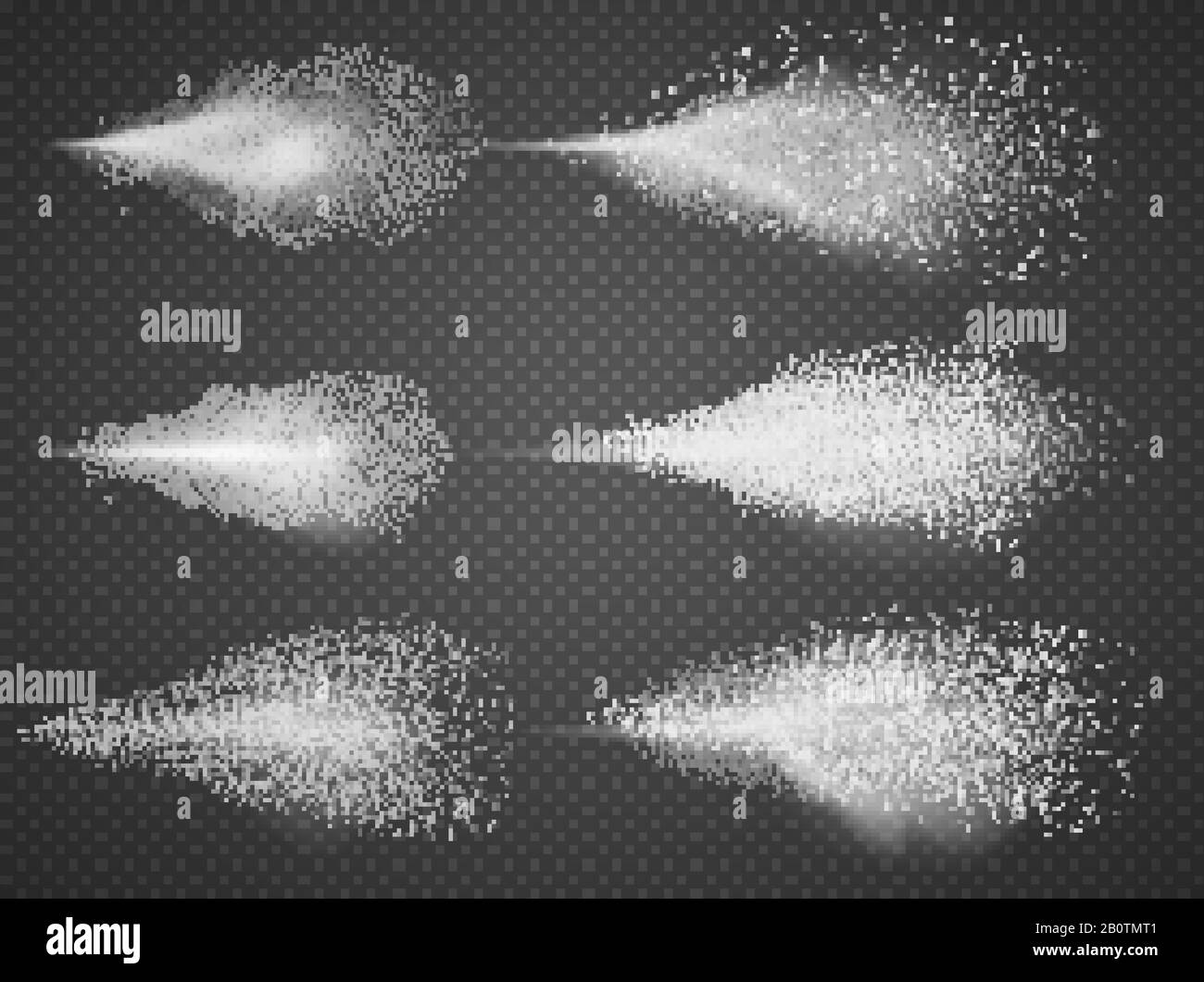 Set di vettori di nebbia deodoranti atomizzatori. Aerosol d'acqua nebulizzato isolato. Spruzzi d'acqua e di profumo su fondo trasparente Illustrazione Vettoriale